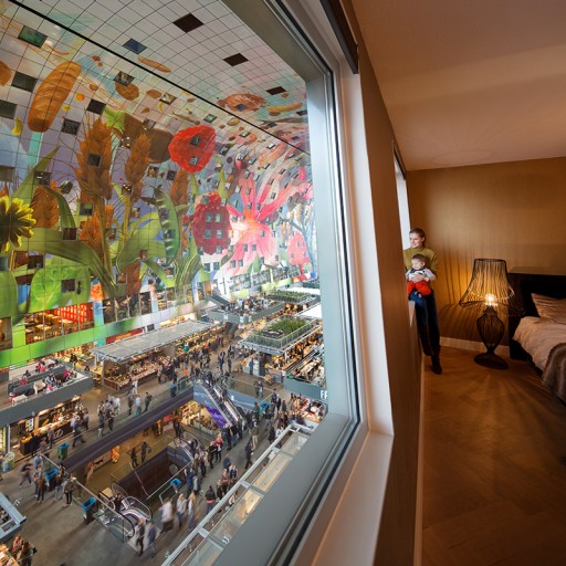 Looking into the Markthal from the windows in a one bedroom studio apartment. ©Ossip van Duivenbode