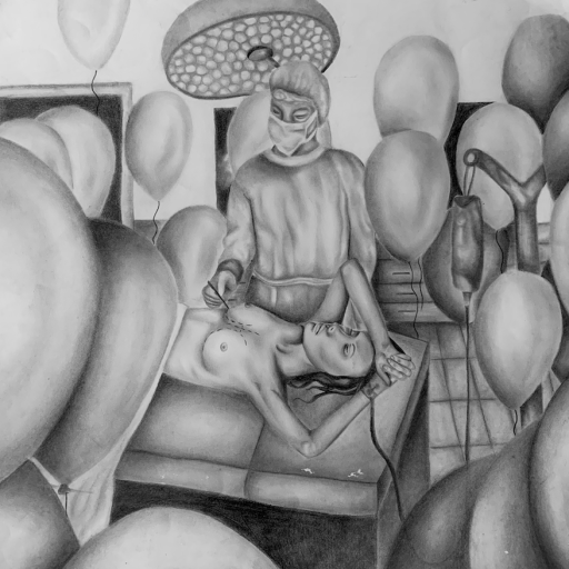 Early work “Cosmetic Celebration” Graphite on paper. 24 in x 23 in.